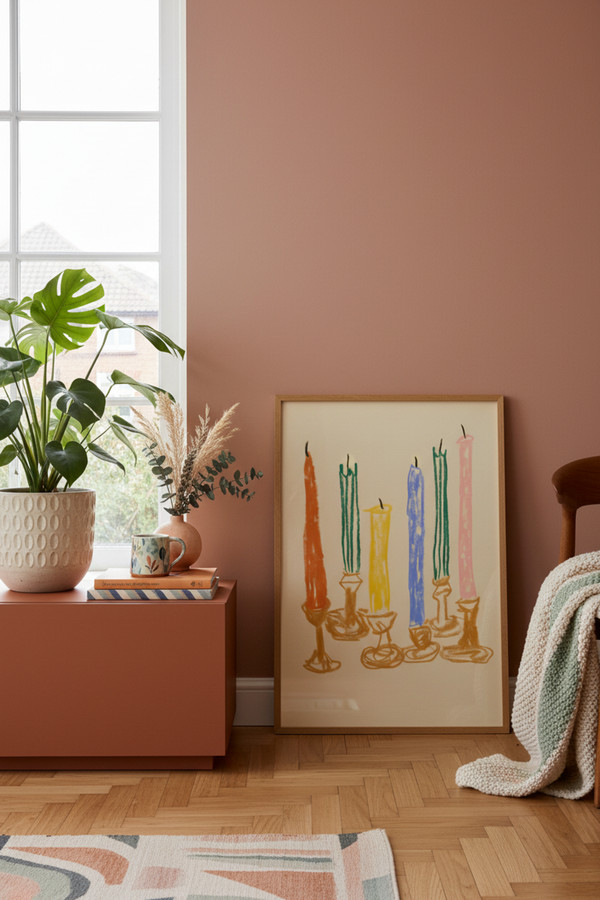 Playful Colourful Candles Art Print shown framed in a modern room setting