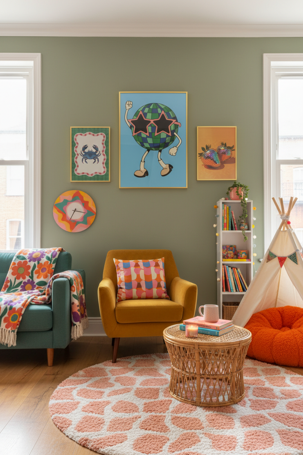 Playful Disco Ball Character Art Print as part of a gallery wall arrangement