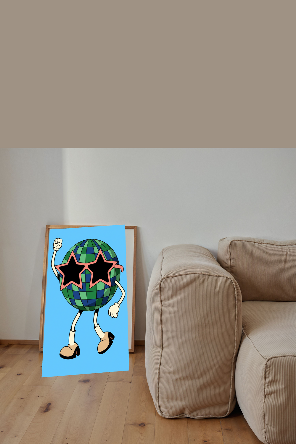 Playful Disco Ball Character Art Print shown framed in a modern room setting