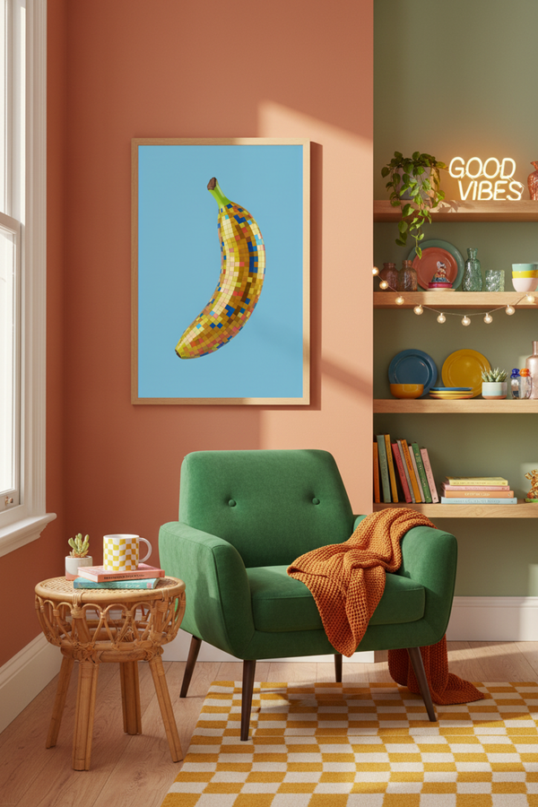 Playful Disco Banana Art Print shown framed in a modern room setting