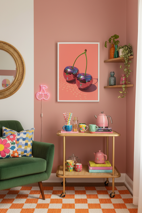 Playful Disco Cherry Art Print shown framed in a modern room setting