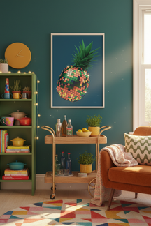 Playful Disco Pineapple Art Print shown framed in a modern room setting