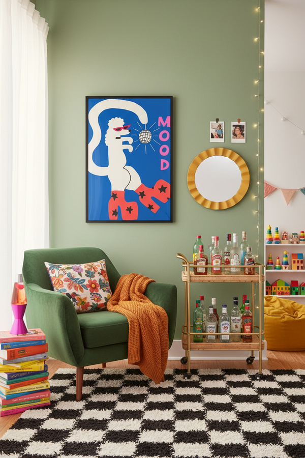 Playful Disco Poodle Art Print shown framed in a modern room setting