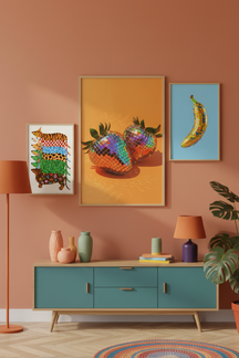 Playful Disco Strawberry Art Print as part of a gallery wall arrangement