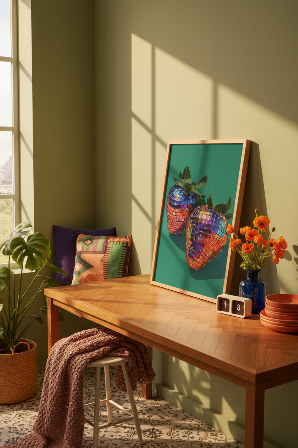 Playful Disco Strawberry Art Print shown framed in a modern room setting