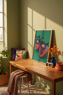 Playful Disco Strawberry Art Print shown framed in a modern room setting