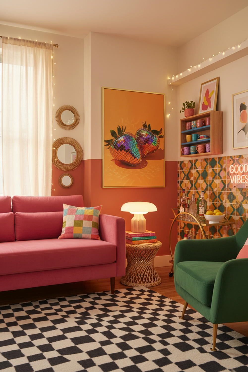 Playful Disco Strawberry Art Print shown framed in a modern room setting