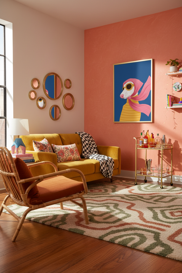 Playful Dog Aviator Art Print shown framed in a modern room setting