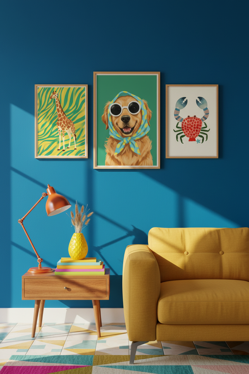 Playful Dog with Scarf Art Print as part of a gallery wall arrangement
