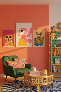 Playful Dog with Scarf Art Print as part of a gallery wall arrangement