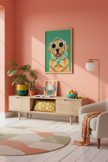 Playful Dog with Scarf Art Print shown framed in a modern room setting