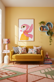 Playful Dog with Scarf Art Print shown framed in a modern room setting