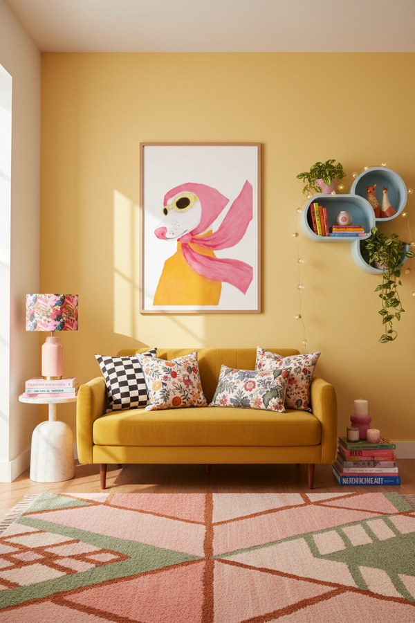 Playful Dog with Scarf Art Print shown framed in a modern room setting