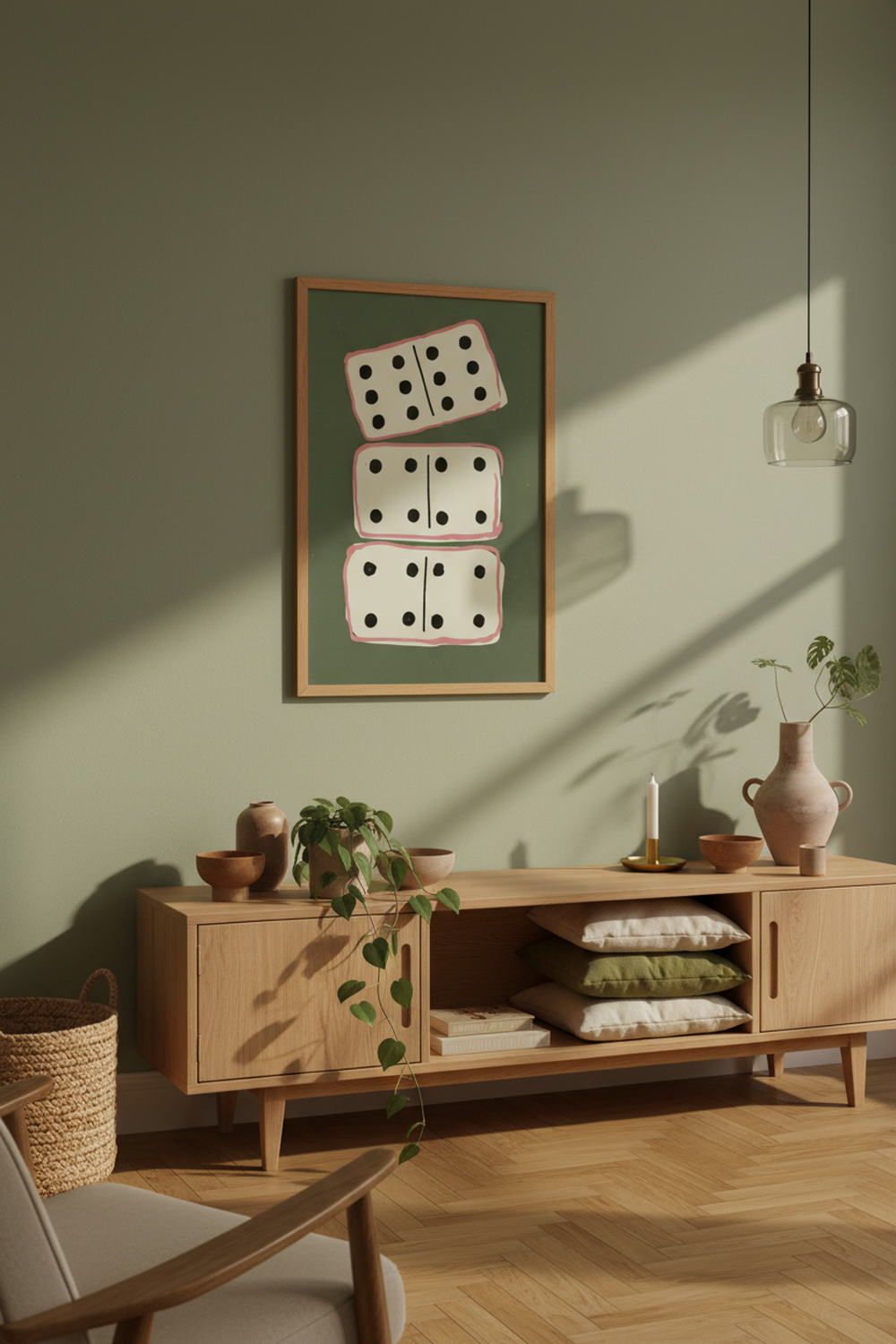 Playful Dominoes Game Art Print shown framed in a modern room setting