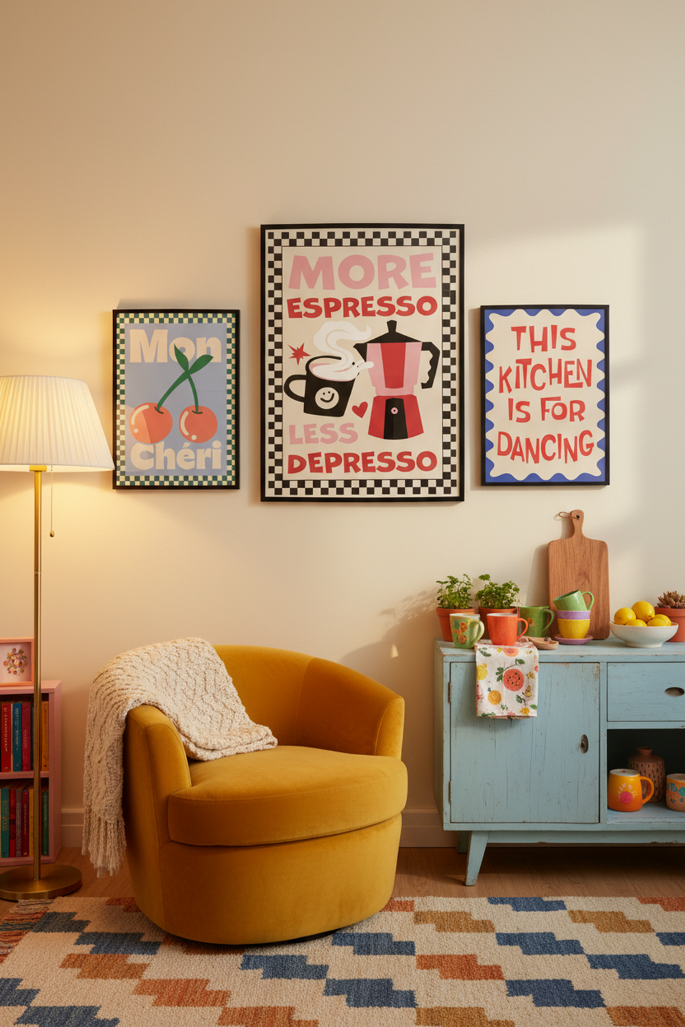 Playful Espresso Quote Art Print as part of a gallery wall arrangement