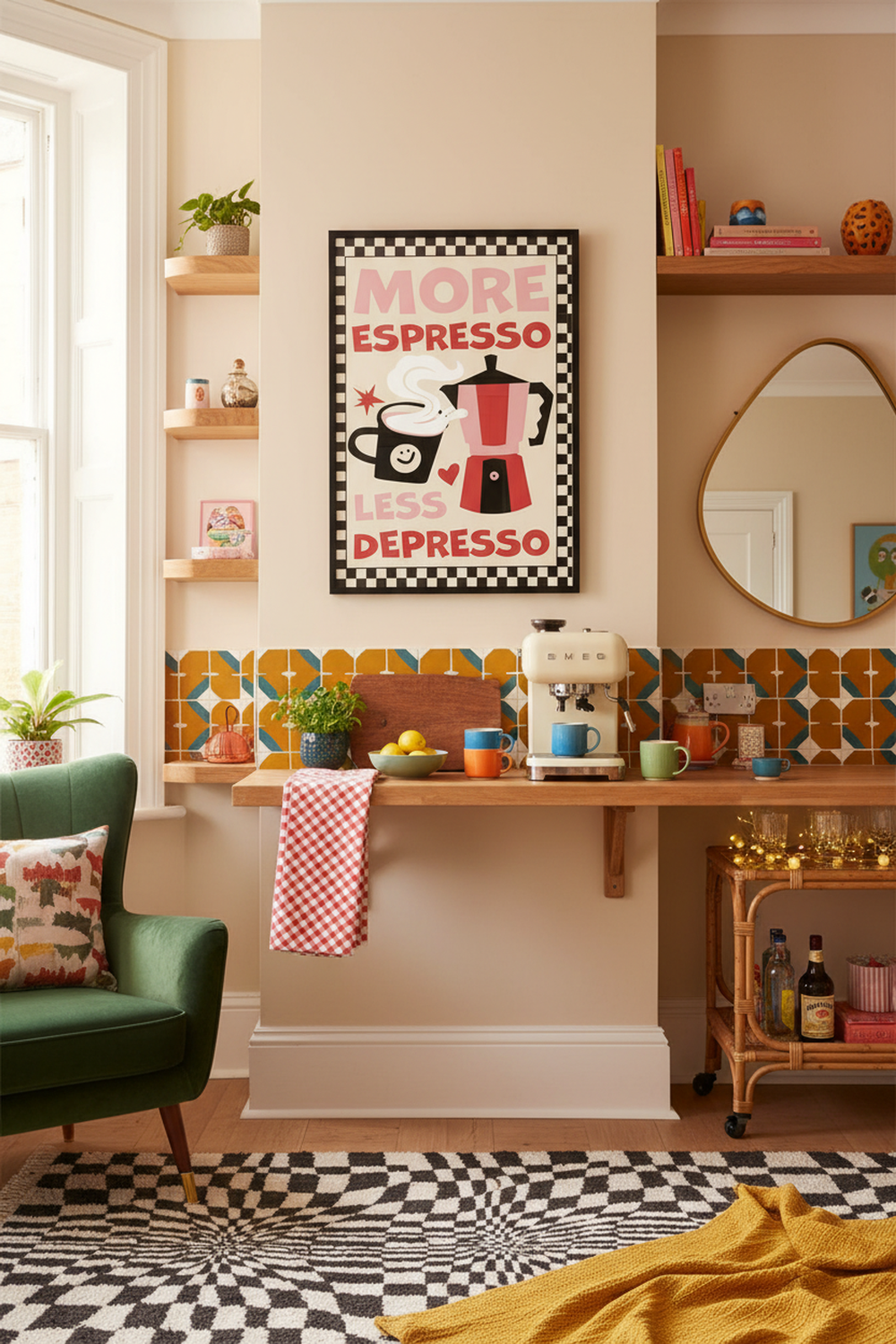 Playful Espresso Quote Art Print shown framed in a modern room setting