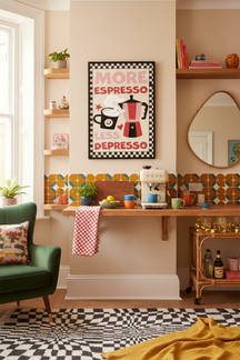 Playful Espresso Quote Art Print shown framed in a modern room setting