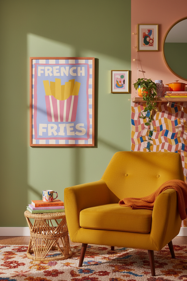 Playful French Fries Art Print shown framed in a modern room setting