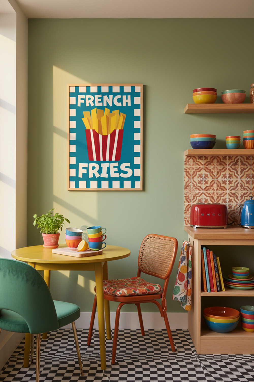 Playful French Fries Art Print shown framed in a modern room setting