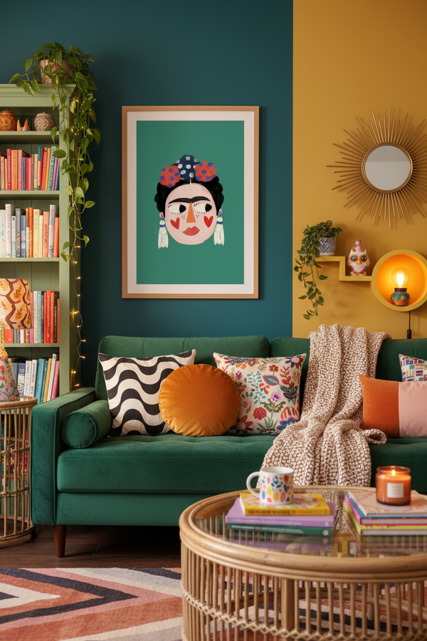 Playful Frida Kahlo Portrait Art Print shown framed in a modern room setting