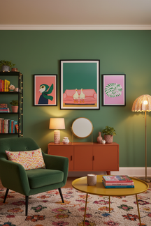 Playful Geese on Sofa Art Print as part of a gallery wall arrangement