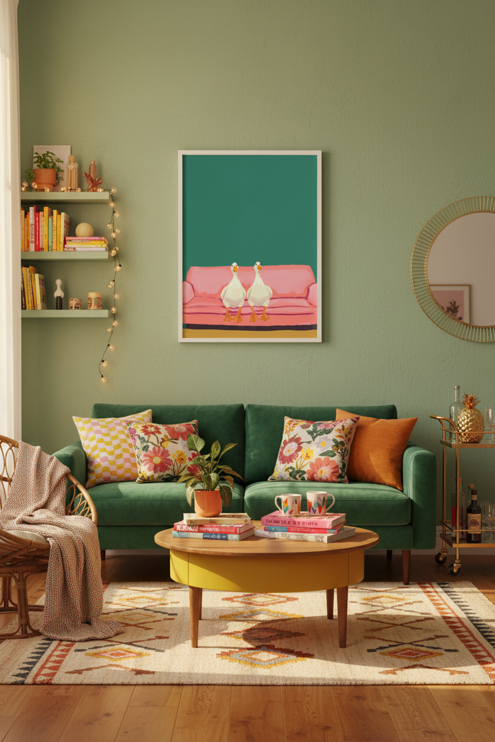 Playful Geese on Sofa Art Print shown framed in a modern room setting