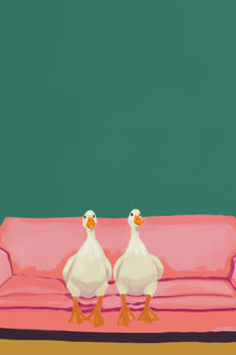 Playful Geese on Sofa Art Print – wall art print by LOUDHAUS
