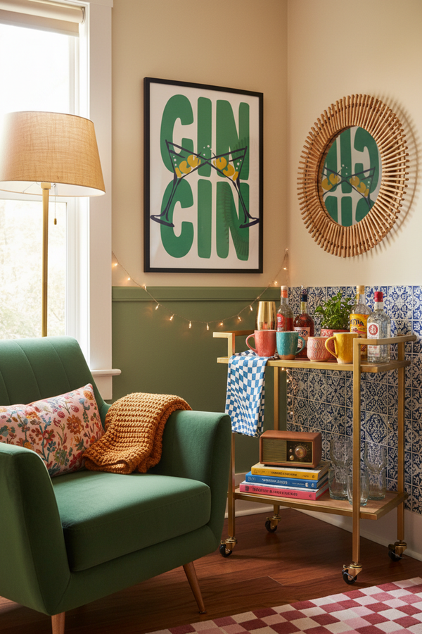 Playful Gin Cocktails Art Print shown framed in a modern room setting