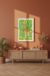Playful Giraffe Safari Art Print shown framed in a modern room setting