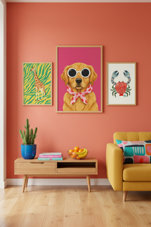 Playful Golden Retriever Art Print as part of a gallery wall arrangement