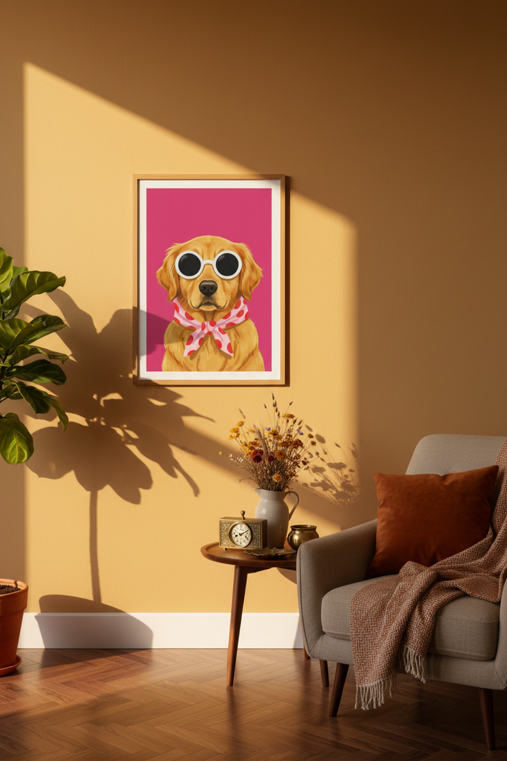 Playful Golden Retriever Art Print shown framed in a modern room setting