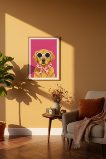 Playful Golden Retriever Art Print shown framed in a modern room setting