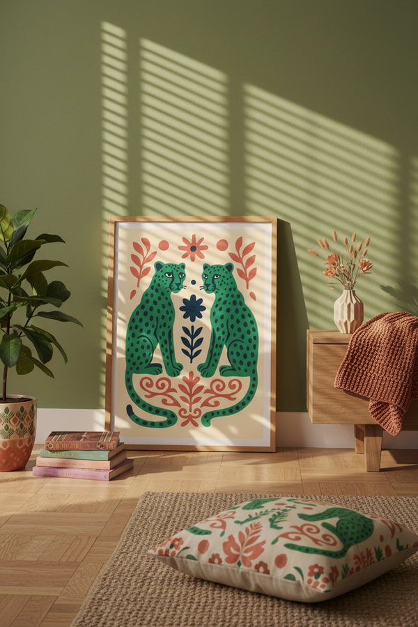 Playful Green Leopard Duo Art Print shown framed in a modern room setting