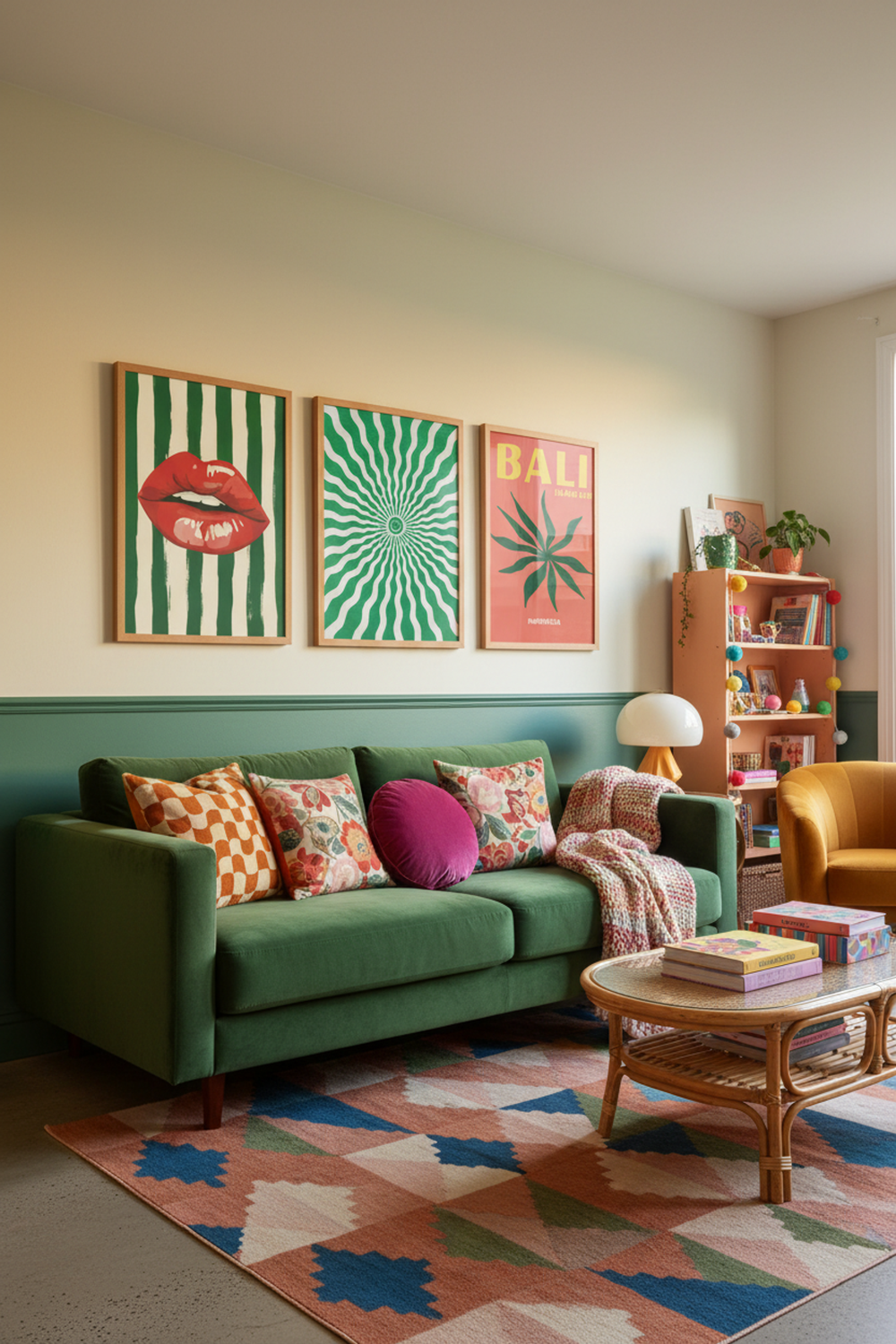 Playful Green Smiley Burst Art Print as part of a gallery wall arrangement