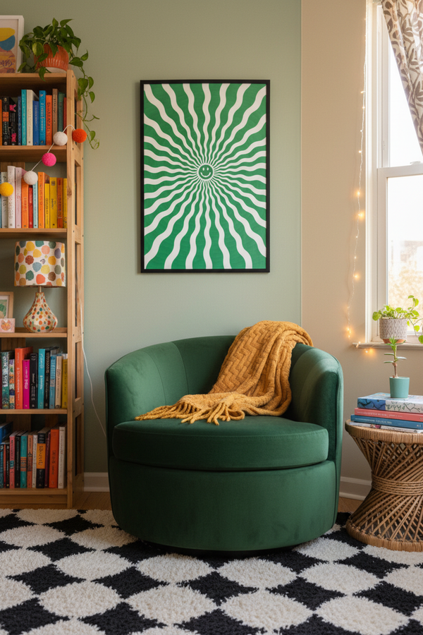 Playful Green Smiley Burst Art Print shown framed in a modern room setting
