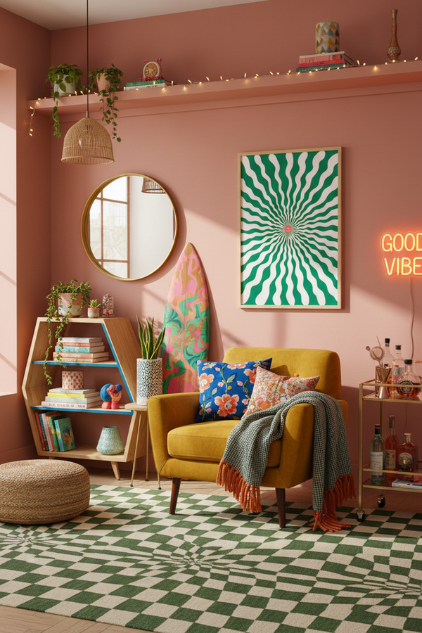 Playful Green Sunburst Art Print shown framed in a modern room setting