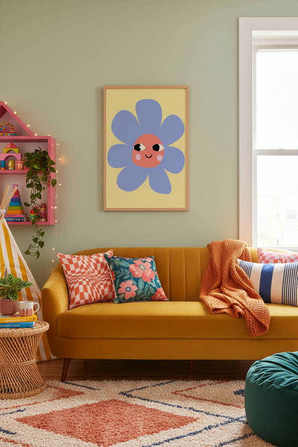 Playful Happy Flower Illustration | Kids Room Art Print shown framed in a modern room setting