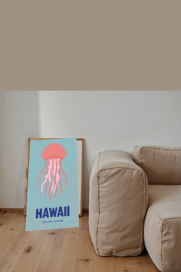 Playful Hawaii Jellyfish Art Print shown framed in a modern room setting