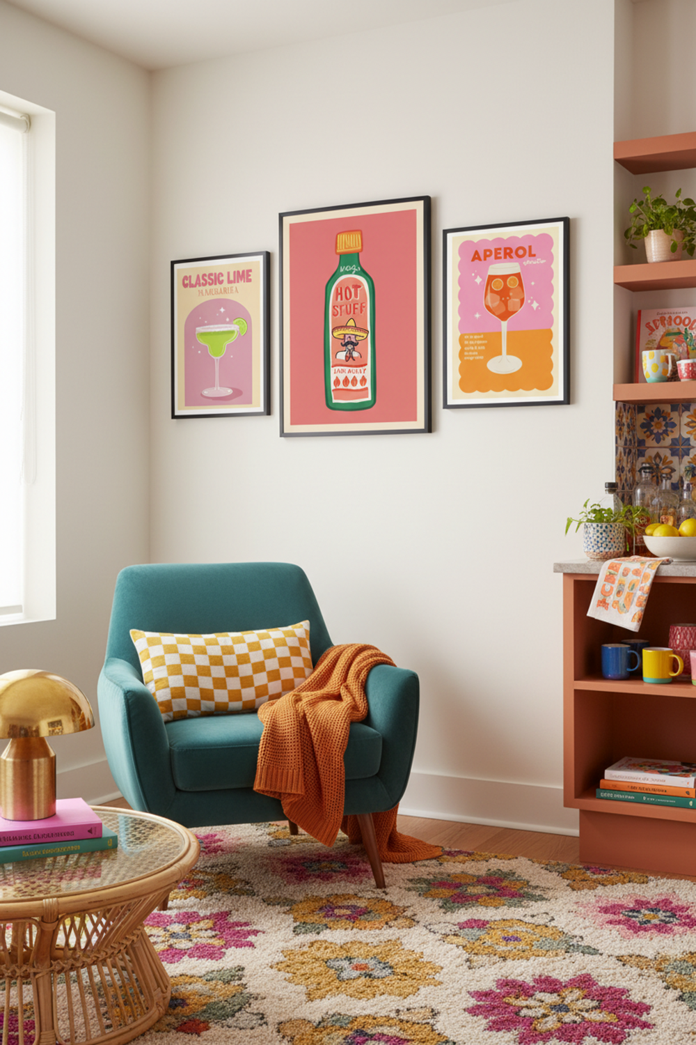 Playful Hot Sauce Bottle Art Print as part of a gallery wall arrangement
