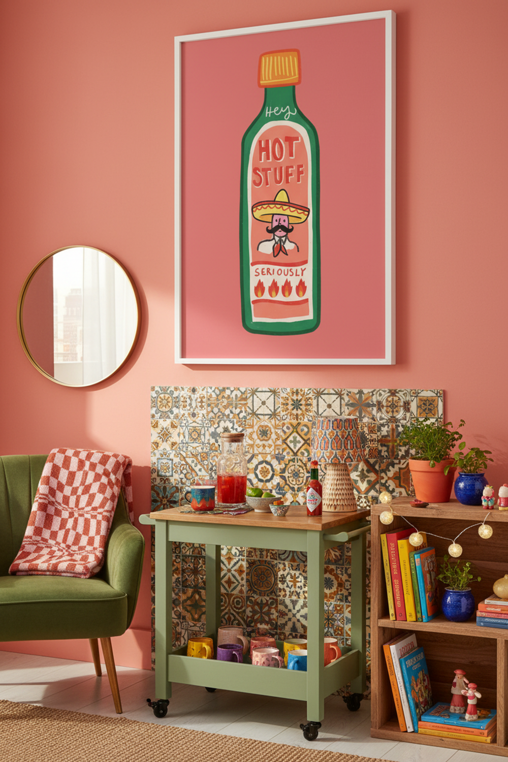 Playful Hot Sauce Bottle Art Print shown framed in a modern room setting