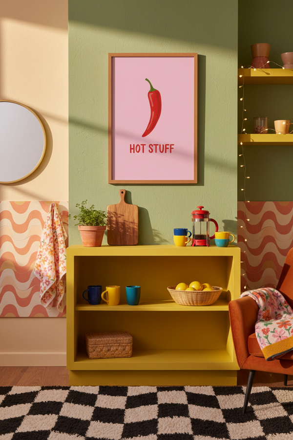 Playful Hot Stuff Chilli Art Print shown framed in a modern room setting