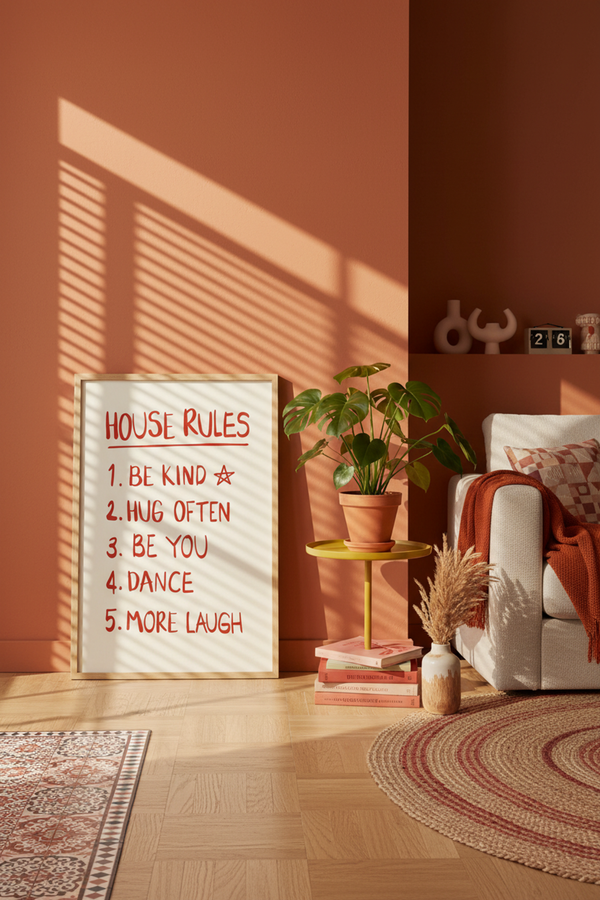 Playful House Rules Typography Art Print shown framed in a modern room setting