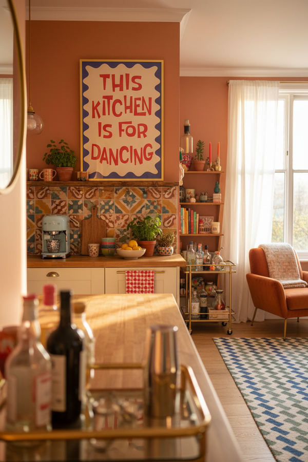 Playful Kitchen Dancing Quote Art Print shown framed in a modern room setting