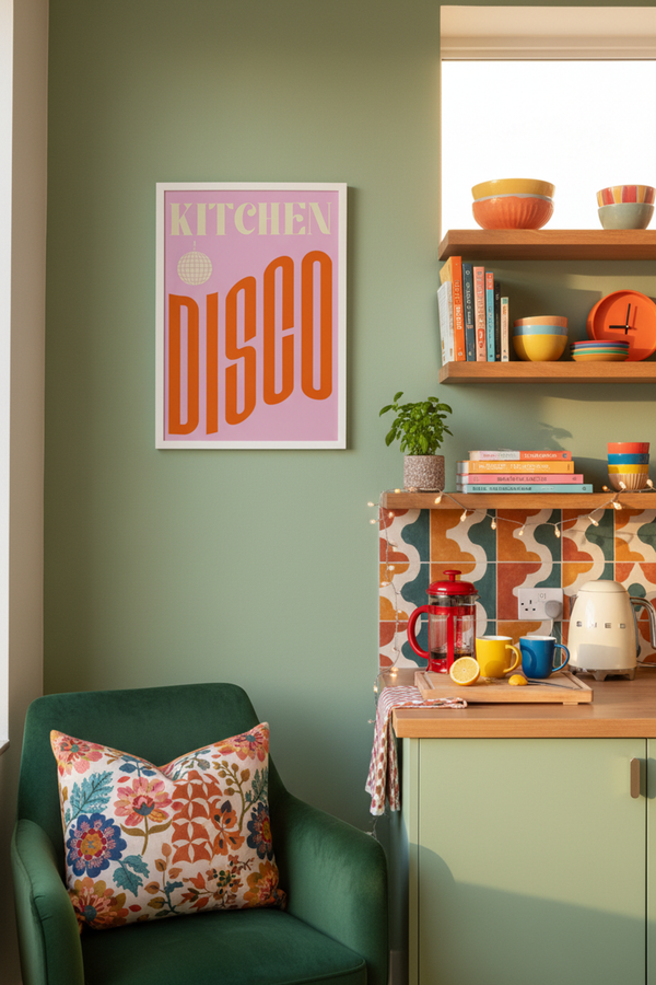 Playful Kitchen Disco Art Print shown framed in a modern room setting