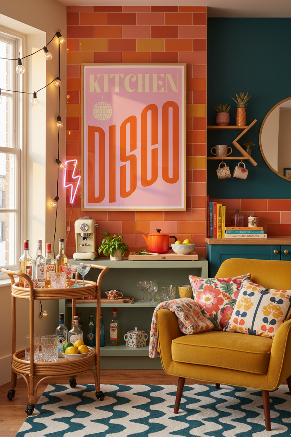 Playful Kitchen Disco Art Print shown framed in a modern room setting