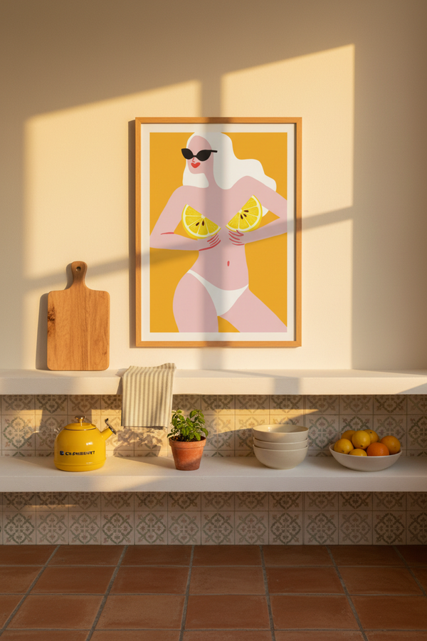 Playful Lemon Bikini Girl Art Print shown framed in a modern room setting