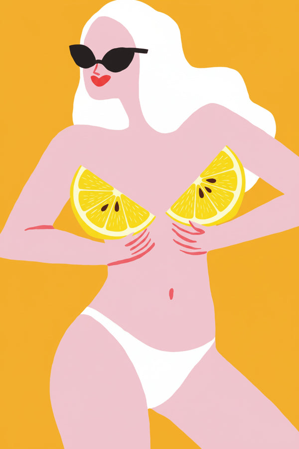 Playful Lemon Bikini Girl Art Print – wall art print by LOUDHAUS