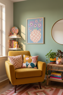 Playful Lilac Blooms Art Print shown framed in a modern room setting