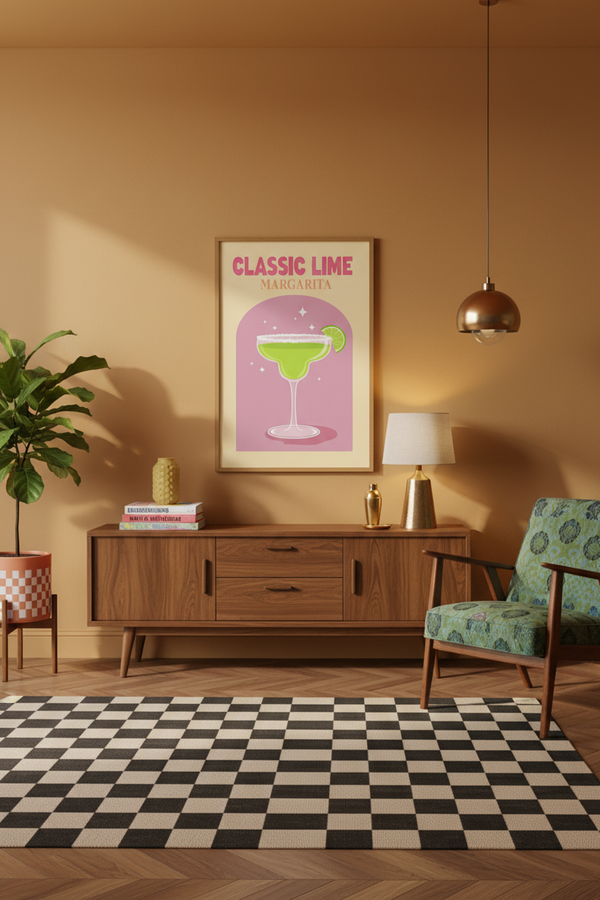 Playful Lime Margarita Cocktail Art Print shown framed in a modern room setting