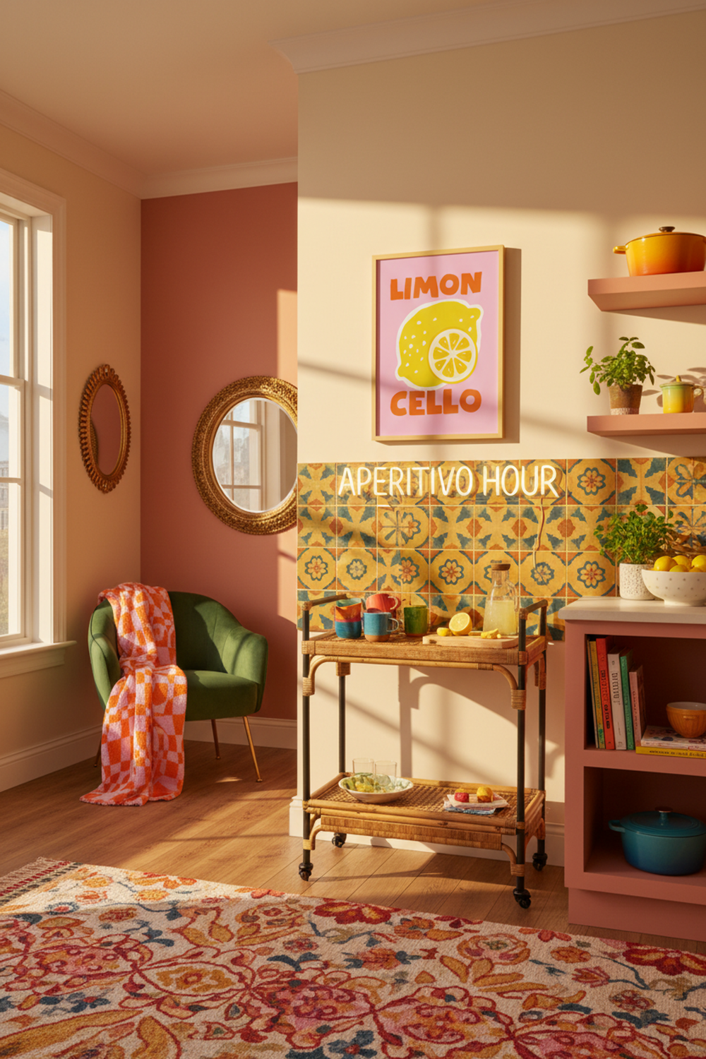 Playful Limoncello Lemon Art Print shown framed in a modern room setting
